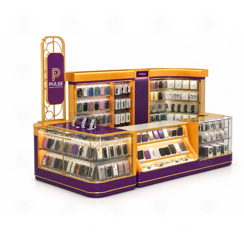 Compact Shopping Mall Phone Kiosk for Retail Business service area for one or two staff handling browsing questions, checkout, packing, and light service requests shown in the compact shopping mall phone kiosk for retail business product photos; the kiosk can follow cashier counter, POS area, customer service opening, and storage planning