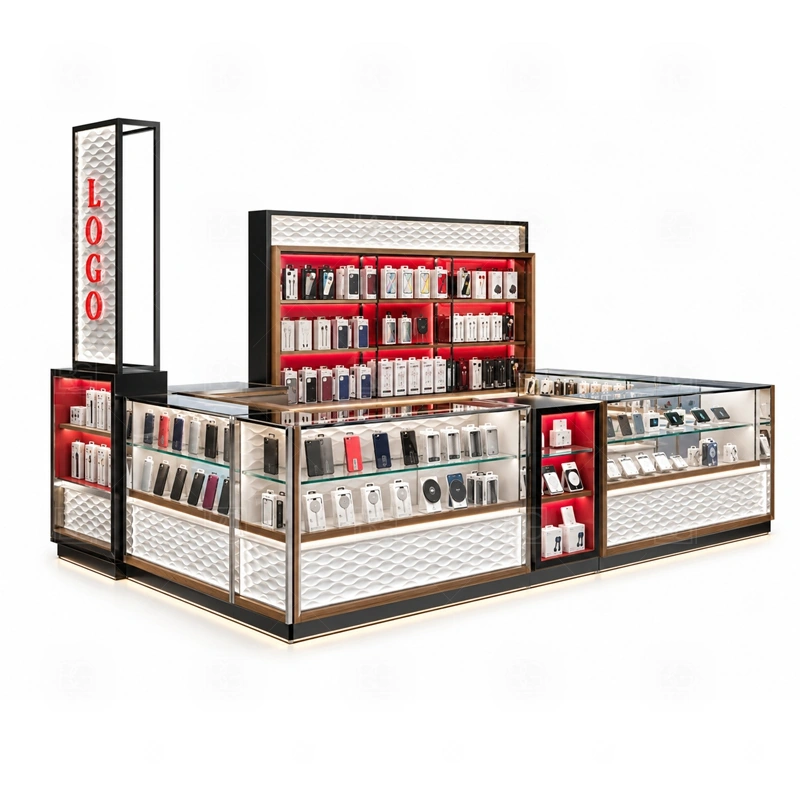 Corner Layout Cell Phone Display Counter with LED Signage with a corner-layout phone kiosk with angled customer approach, side display counters, and visible brand signage shown in the corner layout cell phone display counter with led signage product photos for counter-based phone display and checkout