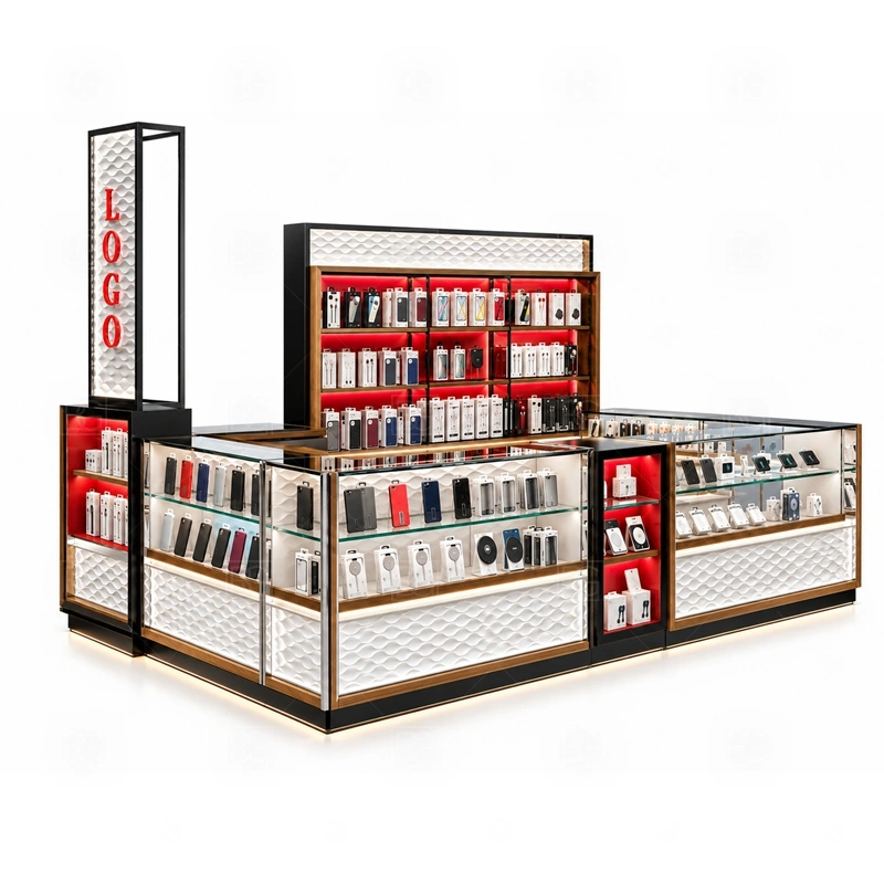 Corner Layout Cell Phone Display Counter with LED Signage showing counter-based selling with front customer display and a practical staff-side checkout route shown in the corner layout cell phone display counter with led signage product photos, with a stronger first impression at browsing distance plus practical checkout close to the display