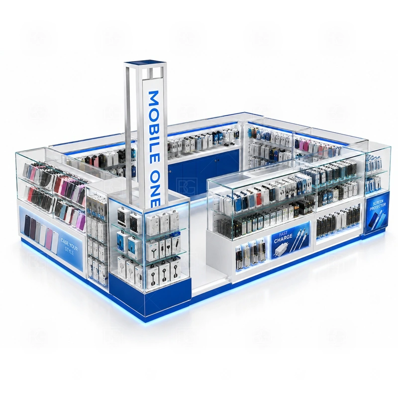 Corner Layout Cell Phone Kiosk with Logo Tower showing an L-shaped or corner-facing plan that lets shoppers approach from the main walkway and the side aisle shown in the corner layout cell phone kiosk with logo tower product photos, with a customer side that stays visually tidy even when staff are restocking or packing orders