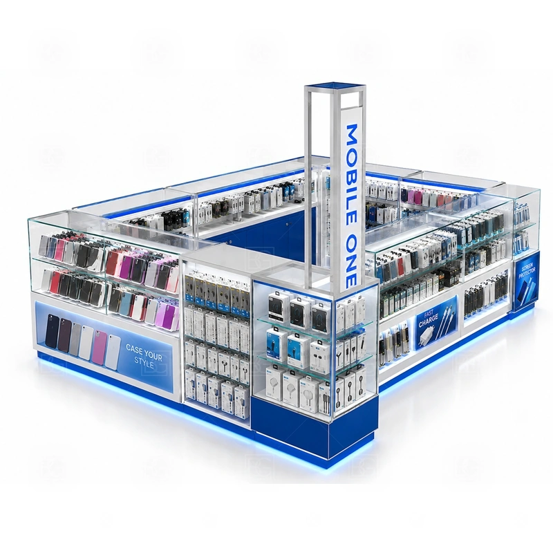 Corner Layout Cell Phone Kiosk with Logo Tower display detail for side wall panels, front glass counters, and corner product zones that make use of two viewing directions shown in the corner layout cell phone kiosk with logo tower product photos; the product photos also emphasize phone accessory displays, glass counters, and small product shelving