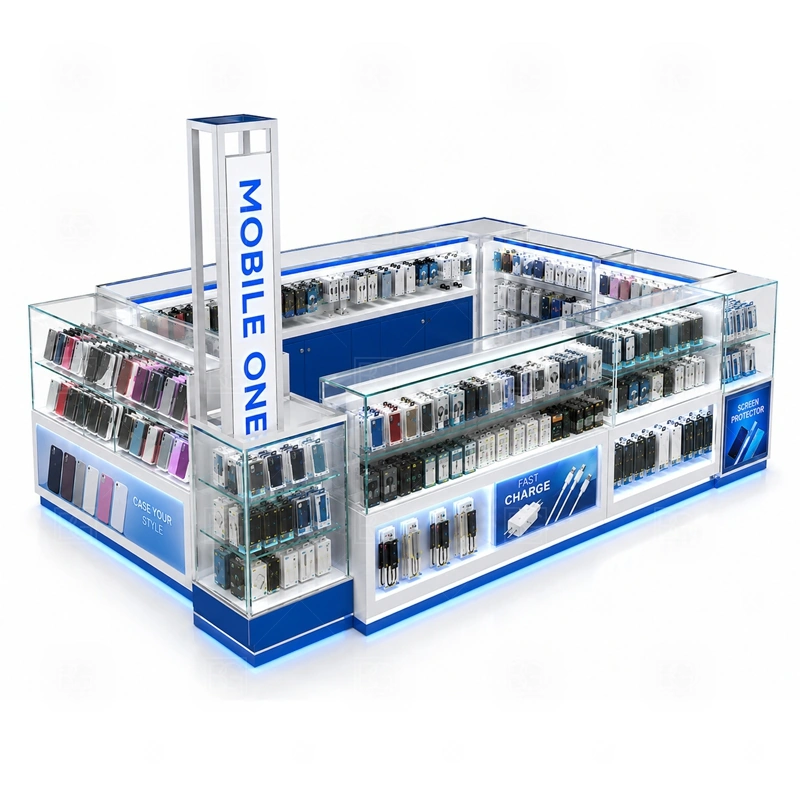 Corner Layout Cell Phone Kiosk with Logo Tower service area for staff support for browsing, checkout, pickup, and quick questions from more than one customer angle shown in the corner layout cell phone kiosk with logo tower product photos; the kiosk can follow repair service counter, device handoff area, and lockable tool storage
