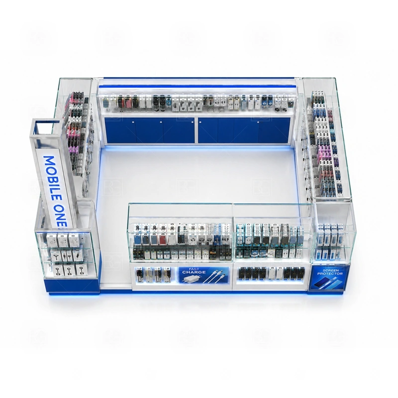 Corner Layout Cell Phone Kiosk with Logo Tower storage detail for base cabinets and side drawers arranged so staff do not block the corner display area shown in the corner layout cell phone kiosk with logo tower product photos, with a stronger first impression at browsing distance plus practical checkout close to the display