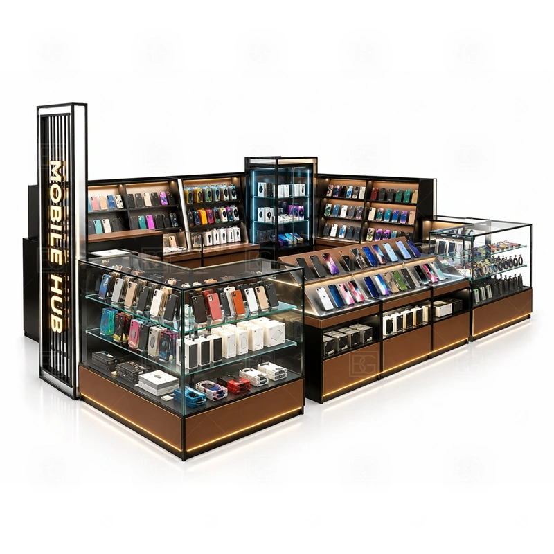 Corner Layout Cellphone Accessories Kiosk for Retail Business with a corner-layout phone kiosk with angled customer approach, side display counters, and visible brand signage shown in the corner layout cellphone accessories kiosk for retail business product photos for mobile accessory retail and small electronics display