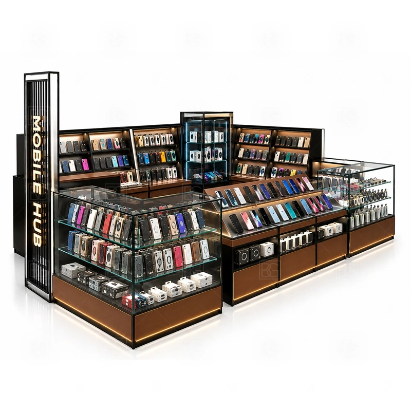 Corner Layout Cellphone Accessories Kiosk for Retail Business showing an L-shaped or corner-facing plan that lets shoppers approach from the main walkway and the side aisle shown in the corner layout cellphone accessories kiosk for retail business product photos, with a customer side that stays visually tidy even when staff are restocking or packing orders