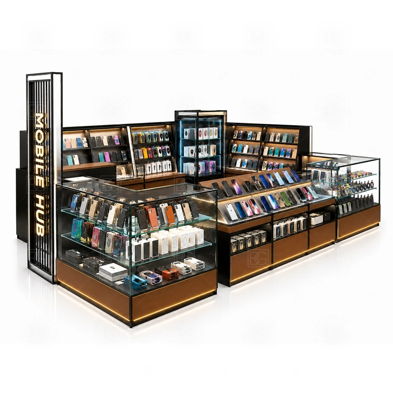 Corner Layout Cellphone Accessories Kiosk for Retail Business display detail for side wall panels, front glass counters, and corner product zones that make use of two viewing directions shown in the corner layout cellphone accessories kiosk for retail business product photos; the product photos also emphasize tempered glass showcases and visible accessory display zones