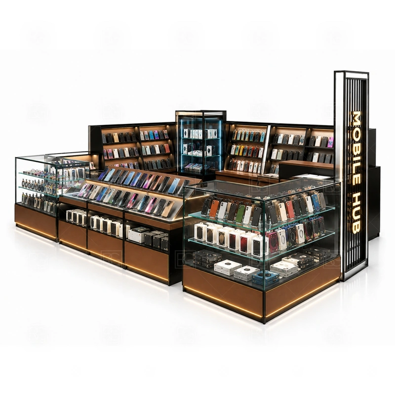 Corner Layout Cellphone Accessories Kiosk for Retail Business service area for staff support for browsing, checkout, pickup, and quick questions from more than one customer angle shown in the corner layout cellphone accessories kiosk for retail business product photos; the kiosk can follow sales counter, POS area, packing surface, and staff-side storage