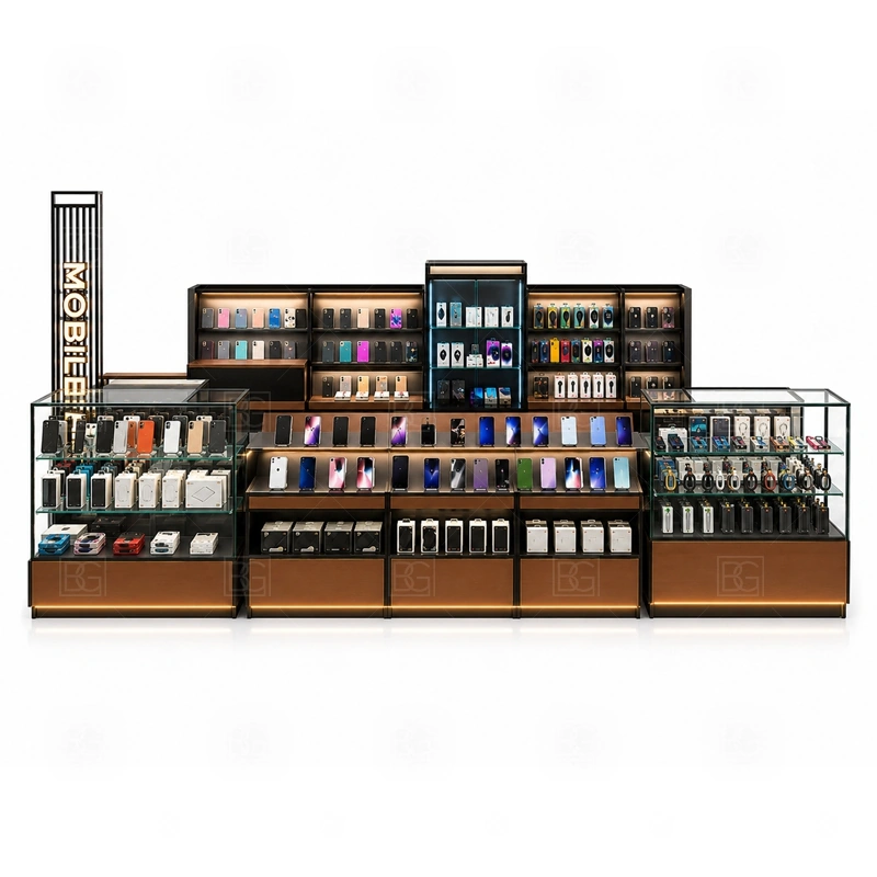 Corner Layout Cellphone Accessories Kiosk for Retail Business signage detail with signage positioned to catch traffic before shoppers pass the corner shown in the corner layout cellphone accessories kiosk for retail business product photos; this page also uses custom logo signage and brand color presentation