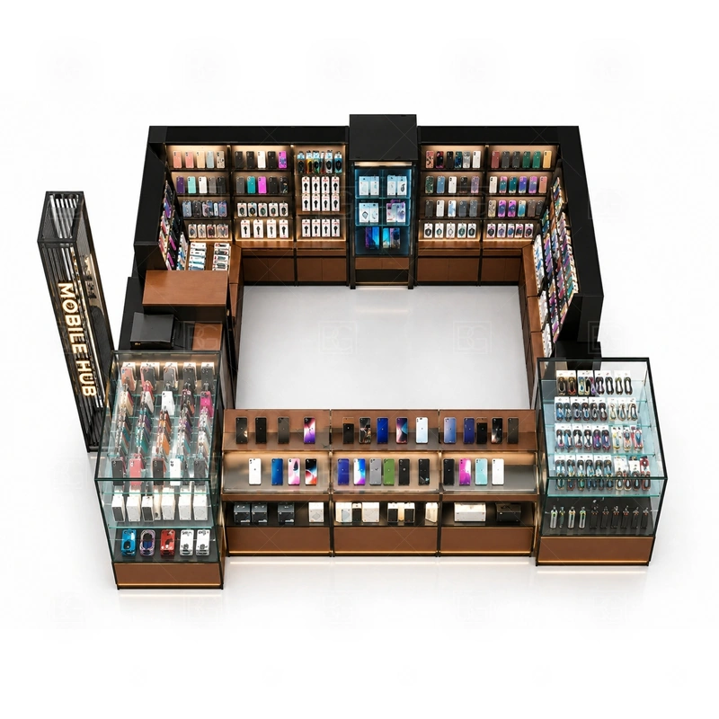 Corner Layout Cellphone Accessories Kiosk for Retail Business storage detail for base cabinets and side drawers arranged so staff do not block the corner display area shown in the corner layout cellphone accessories kiosk for retail business product photos, with a stronger first impression at browsing distance plus practical checkout close to the display