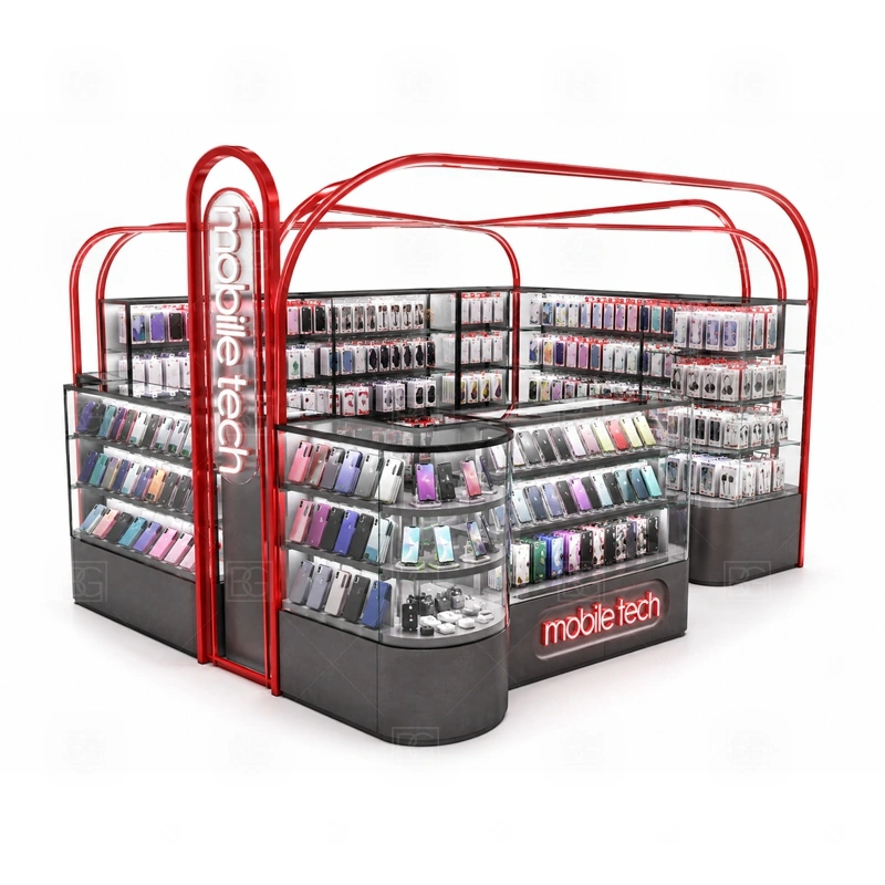Corner Layout Mobile Phone Kiosk and Accessories Display with an accessory-focused kiosk with dense wall merchandising, glass counter protection, and quick-browse front shelves shown in the corner layout mobile phone kiosk and accessories display product photos for mobile accessory retail and small electronics display