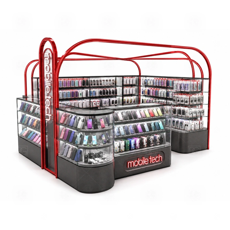 Corner Layout Mobile Phone Kiosk and Accessories Display showing a front browsing zone supported by staff-side drawers and fast restocking access shown in the corner layout mobile phone kiosk and accessories display product photos, with a layout that can be checked against lease drawings before production begins