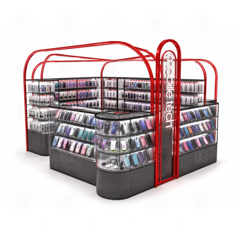 Corner Layout Mobile Phone Kiosk and Accessories Display display detail for a wider accessory mix shown through wall panels, shelves, hooks, and front counter displays shown in the corner layout mobile phone kiosk and accessories display product photos; the product photos also emphasize phone accessory displays, glass counters, and small product shelving