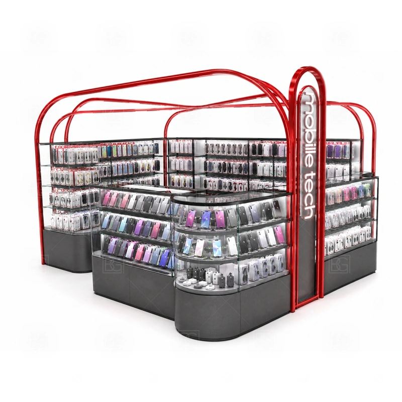 Corner Layout Mobile Phone Kiosk and Accessories Display service area for quick product selection, checkout, packaging, and replenishment during walk-by traffic shown in the corner layout mobile phone kiosk and accessories display product photos; the kiosk can follow repair service counter, device handoff area, and lockable tool storage