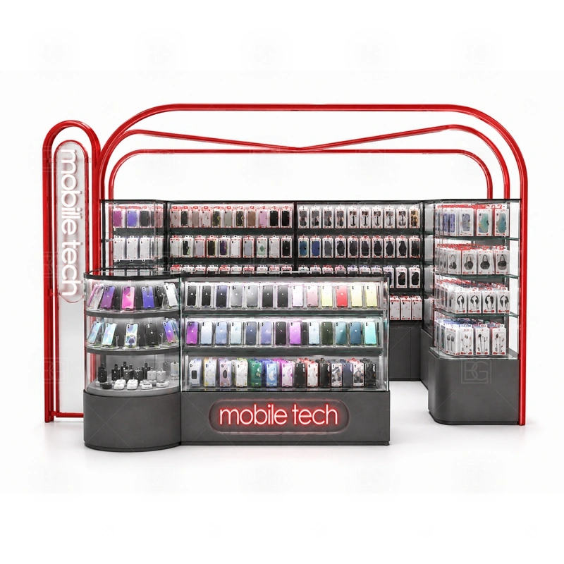 Corner Layout Mobile Phone Kiosk and Accessories Display signage detail with clean category signs and logo panels that keep shopper attention on the accessory wall shown in the corner layout mobile phone kiosk and accessories display product photos; this page also uses custom logo signage and brand color presentation