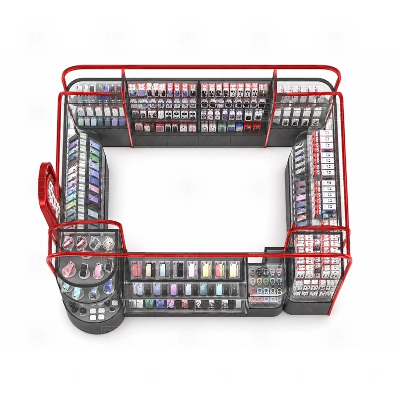 Corner Layout Mobile Phone Kiosk and Accessories Display storage detail for divided lower cabinets for high-turnover cases, cables, protectors, and spare display stock shown in the corner layout mobile phone kiosk and accessories display product photos, with clear customer approach from the main mall walkway and quick staff access from the rear