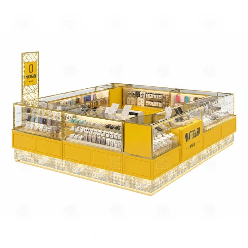 Corner Layout Phone Accessories Kiosk with Lockable Storage with a corner-layout phone kiosk with angled customer approach, side display counters, and visible brand signage shown in the corner layout phone accessories kiosk with lockable storage product photos for mobile accessory retail and small electronics display
