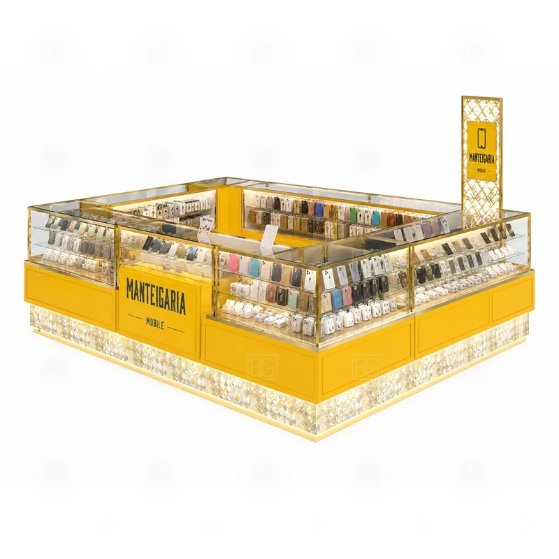 Corner Layout Phone Accessories Kiosk with Lockable Storage showing an L-shaped or corner-facing plan that lets shoppers approach from the main walkway and the side aisle shown in the corner layout phone accessories kiosk with lockable storage product photos, with separate zones for browsing, payment, stock refill, and product consultation