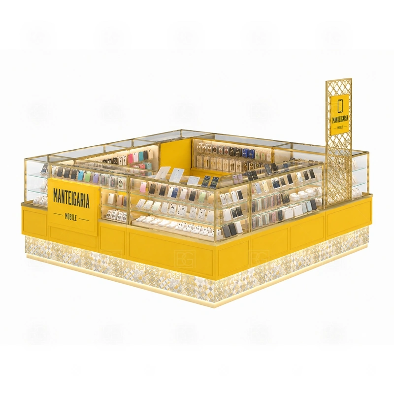 Corner Layout Phone Accessories Kiosk with Lockable Storage display detail for side wall panels, front glass counters, and corner product zones that make use of two viewing directions shown in the corner layout phone accessories kiosk with lockable storage product photos; the product photos also emphasize tempered glass showcases and visible accessory display zones