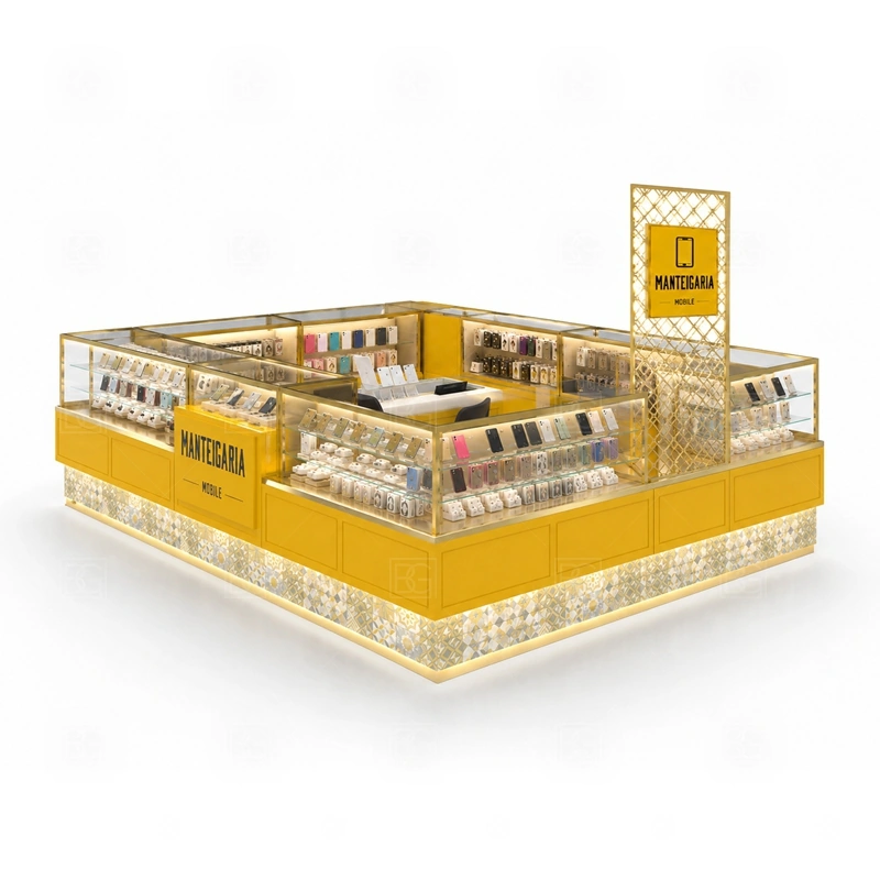 Corner Layout Phone Accessories Kiosk with Lockable Storage service area for staff support for browsing, checkout, pickup, and quick questions from more than one customer angle shown in the corner layout phone accessories kiosk with lockable storage product photos; the kiosk can follow sales counter, POS area, packing surface, and staff-side storage
