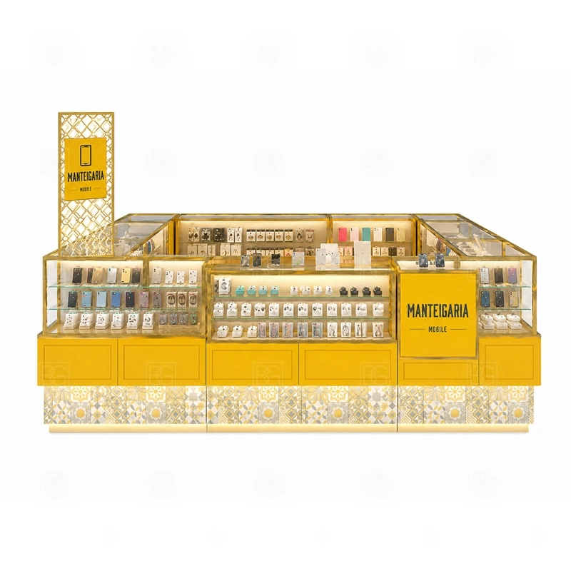 Corner Layout Phone Accessories Kiosk with Lockable Storage signage detail with signage positioned to catch traffic before shoppers pass the corner shown in the corner layout phone accessories kiosk with lockable storage product photos; this page also uses custom logo signage and brand color presentation
