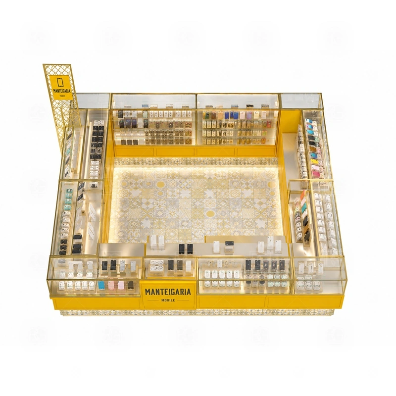 Corner Layout Phone Accessories Kiosk with Lockable Storage storage detail for lockable lower cabinets, divided drawers, and staff-only stock access for safer daily operation shown in the corner layout phone accessories kiosk with lockable storage product photos, with front-facing customer movement with staff work kept behind the display line