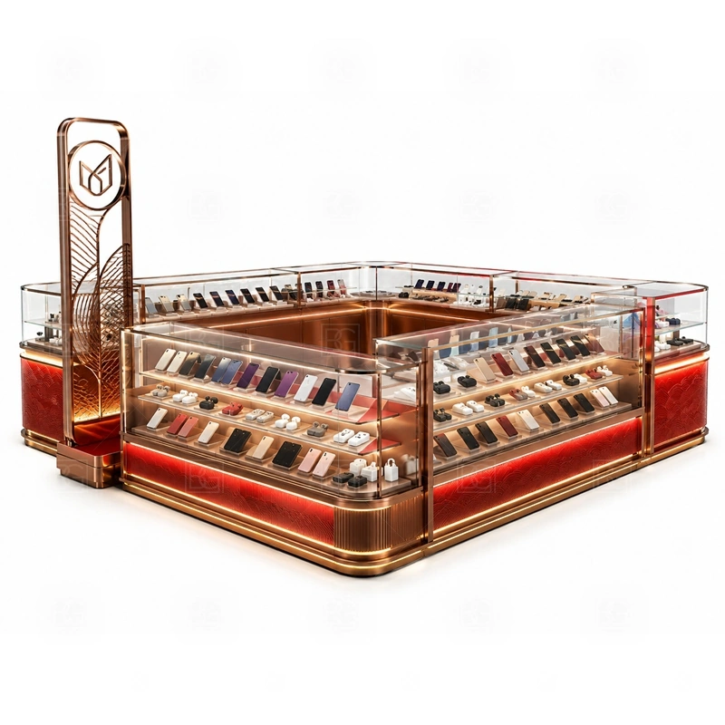 Corner Layout Phone Case Kiosk for Shopping Mall with a corner-layout phone kiosk with angled customer approach, side display counters, and visible brand signage shown in the corner layout phone case kiosk for shopping mall product photos for phone case merchandising and accessory add-on sales