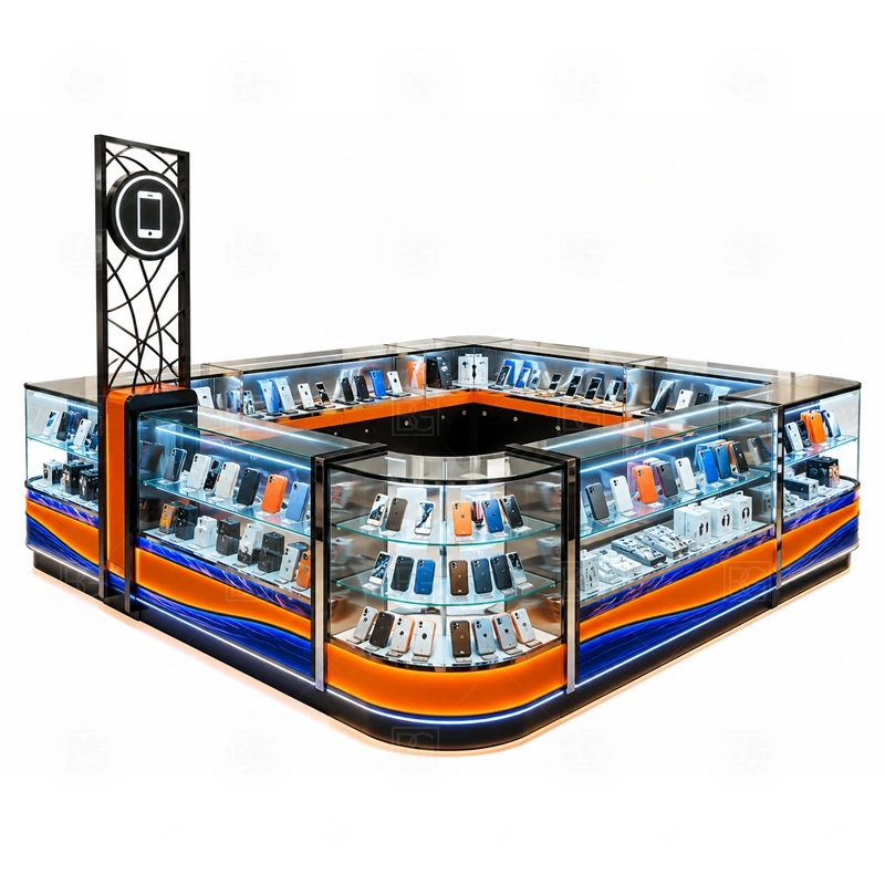 Custom Cell Phone Display Counter for Shopping Mall with a made-to-measure phone kiosk with custom counters, display zones, and brand-ready finishing shown in the custom cell phone display counter for shopping mall product photos for counter-based phone display and checkout