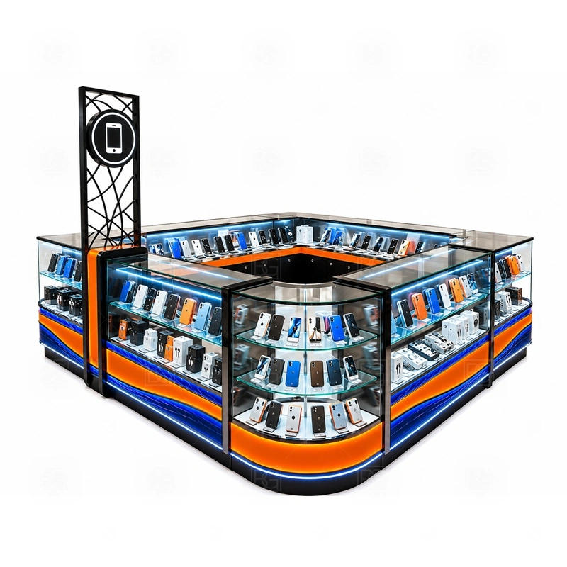 Custom Cell Phone Display Counter for Shopping Mall showing counter-based selling with front customer display and a practical staff-side checkout route shown in the custom cell phone display counter for shopping mall product photos, with clear customer approach from the main mall walkway and quick staff access from the rear