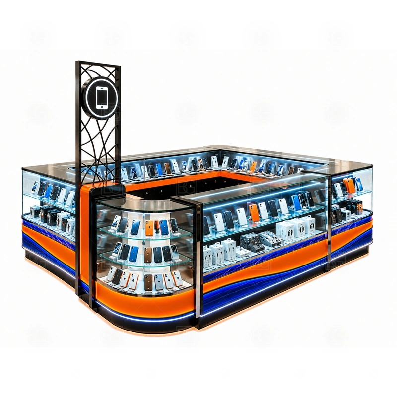 Custom Cell Phone Display Counter for Shopping Mall display detail for custom glass showcases, wall panels, open shelving, and counter displays arranged by sales priority shown in the custom cell phone display counter for shopping mall product photos; the product photos also emphasize phone accessory displays, glass counters, and small product shelving