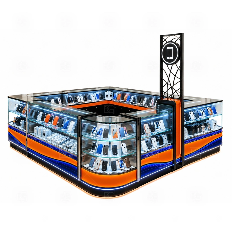 Custom Cell Phone Display Counter for Shopping Mall service area for sales, checkout, repair consultation, pickup, and packing zones arranged around the buyer operation shown in the custom cell phone display counter for shopping mall product photos; the kiosk can follow cashier counter, POS area, customer service opening, and storage planning
