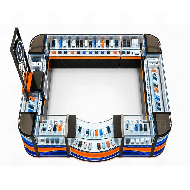 Custom Cell Phone Display Counter for Shopping Mall storage detail for drawers, lockable cabinets, cable routes, and stock sections planned from the operator checklist shown in the custom cell phone display counter for shopping mall product photos, with a layout that can be checked against lease drawings before production begins