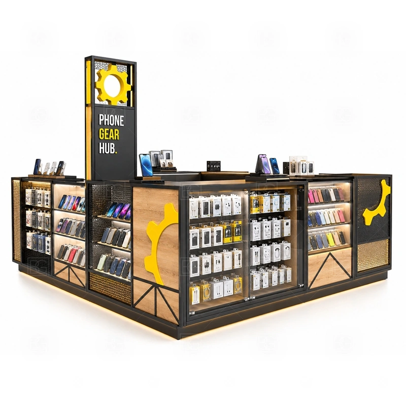 Custom Cell Phone Kiosk for Sale with a made-to-measure phone kiosk with custom counters, display zones, and brand-ready finishing shown in the custom cell phone kiosk for sale product photos for cell phone accessory and device display