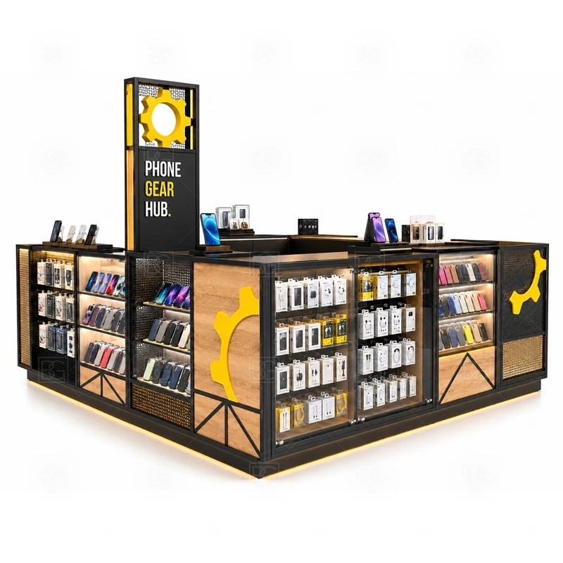 Custom Cell Phone Kiosk for Sale showing a flexible footprint that can be resized around the lease drawing, staff workflow, and product mix shown in the custom cell phone kiosk for sale product photos, with a customer side that stays visually tidy even when staff are restocking or packing orders