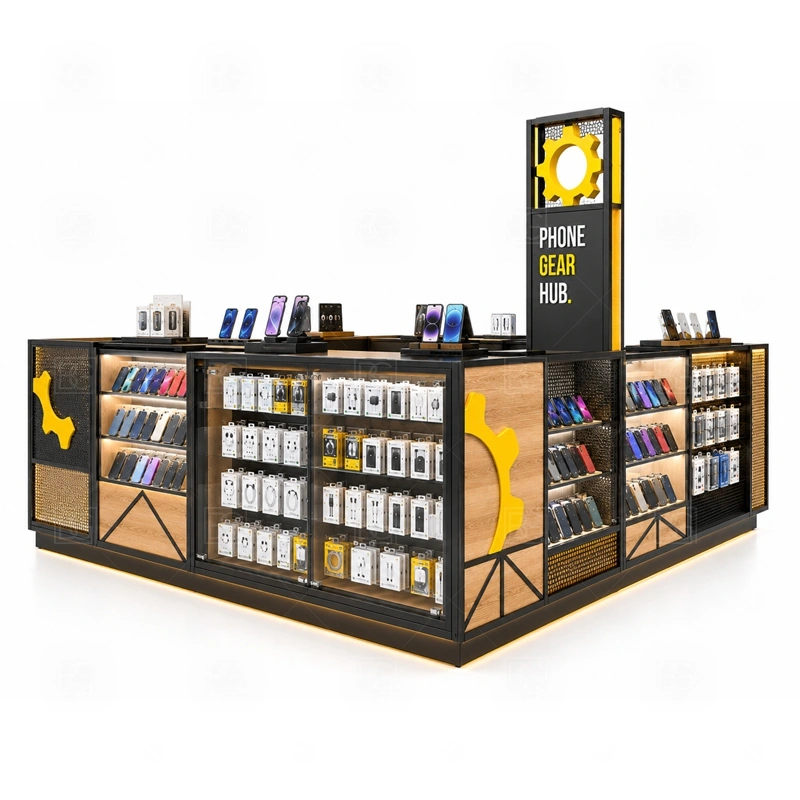 Custom Cell Phone Kiosk for Sale display detail for custom glass showcases, wall panels, open shelving, and counter displays arranged by sales priority shown in the custom cell phone kiosk for sale product photos; the product photos also emphasize phone accessory displays, glass counters, and small product shelving