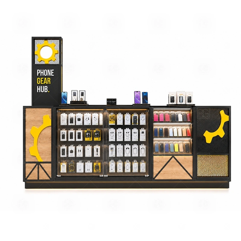 Custom Cell Phone Kiosk for Sale signage detail with custom logo placement, front graphics, color matching, and lighting choices for a specific brand look shown in the custom cell phone kiosk for sale product photos; this page also uses tall logo tower and LED brand lighting