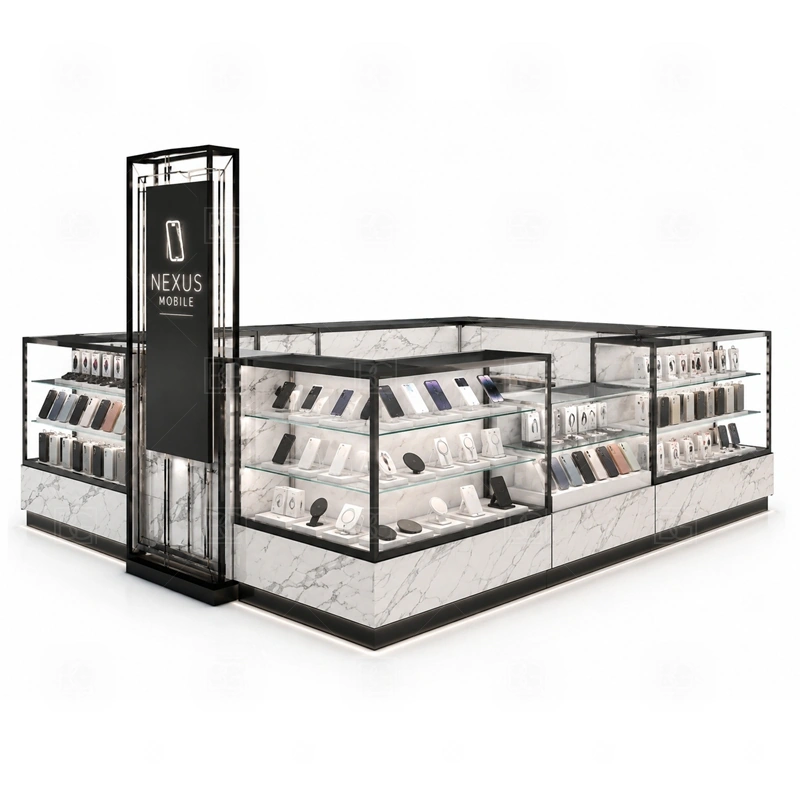 Custom Cellphone Accessories Kiosk for Retail Business with a made-to-measure phone kiosk with custom counters, display zones, and brand-ready finishing shown in the custom cellphone accessories kiosk for retail business product photos for mobile accessory retail and small electronics display