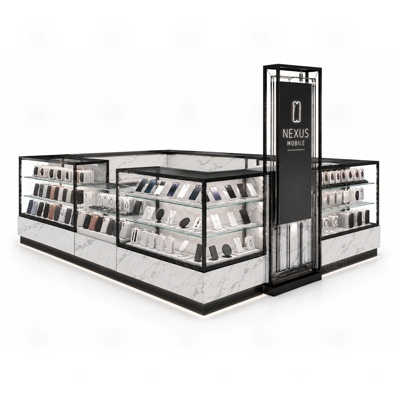 Custom Cellphone Accessories Kiosk for Retail Business showing a flexible footprint that can be resized around the lease drawing, staff workflow, and product mix shown in the custom cellphone accessories kiosk for retail business product photos, with a stronger first impression at browsing distance plus practical checkout close to the display