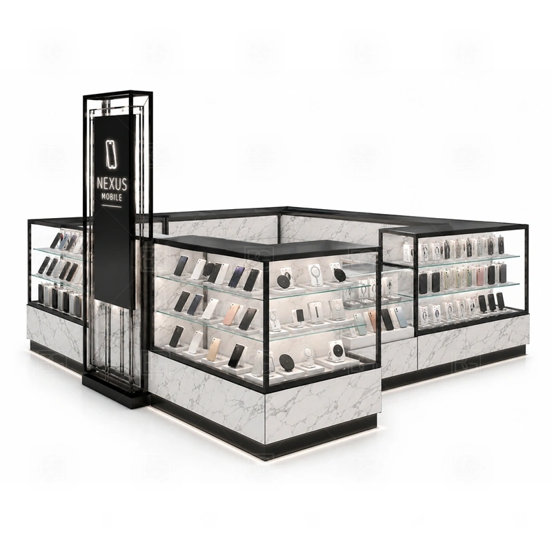 Custom Cellphone Accessories Kiosk for Retail Business display detail for custom glass showcases, wall panels, open shelving, and counter displays arranged by sales priority shown in the custom cellphone accessories kiosk for retail business product photos; the product photos also emphasize phone accessory displays, glass counters, and small product shelving