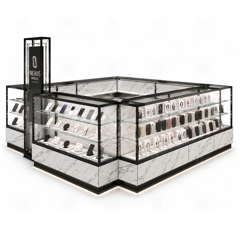 Custom Cellphone Accessories Kiosk for Retail Business service area for sales, checkout, repair consultation, pickup, and packing zones arranged around the buyer operation shown in the custom cellphone accessories kiosk for retail business product photos; the kiosk can follow cashier counter, POS area, customer service opening, and storage planning