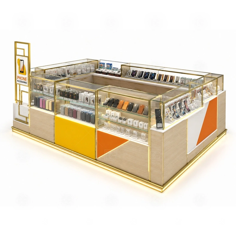 Custom Mobile Phone Kiosk and Accessories Display with an accessory-focused kiosk with dense wall merchandising, glass counter protection, and quick-browse front shelves shown in the custom mobile phone kiosk and accessories display product photos for mobile accessory retail and small electronics display