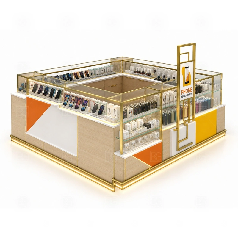 Custom Mobile Phone Kiosk and Accessories Display showing a front browsing zone supported by staff-side drawers and fast restocking access shown in the custom mobile phone kiosk and accessories display product photos, with a customer side that stays visually tidy even when staff are restocking or packing orders