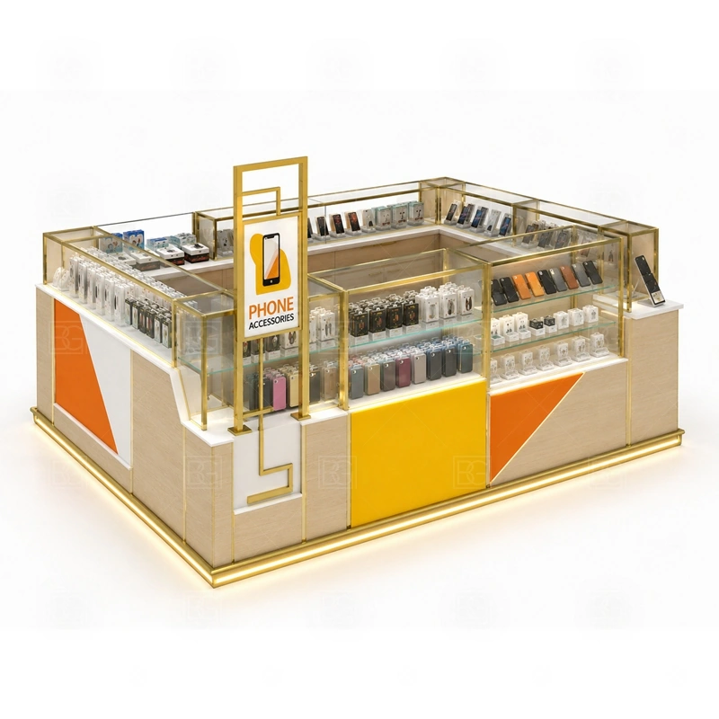 Custom Mobile Phone Kiosk and Accessories Display display detail for a wider accessory mix shown through wall panels, shelves, hooks, and front counter displays shown in the custom mobile phone kiosk and accessories display product photos; the product photos also emphasize phone accessory displays, glass counters, and small product shelving