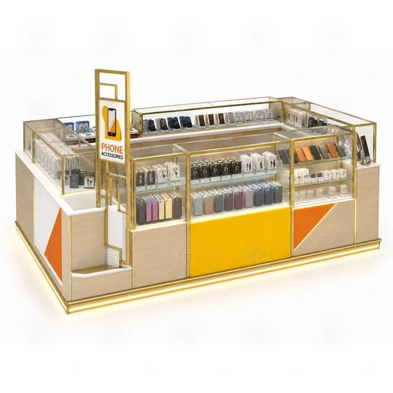Custom Mobile Phone Kiosk and Accessories Display service area for quick product selection, checkout, packaging, and replenishment during walk-by traffic shown in the custom mobile phone kiosk and accessories display product photos; the kiosk can follow sales counter, POS area, packing surface, and staff-side storage