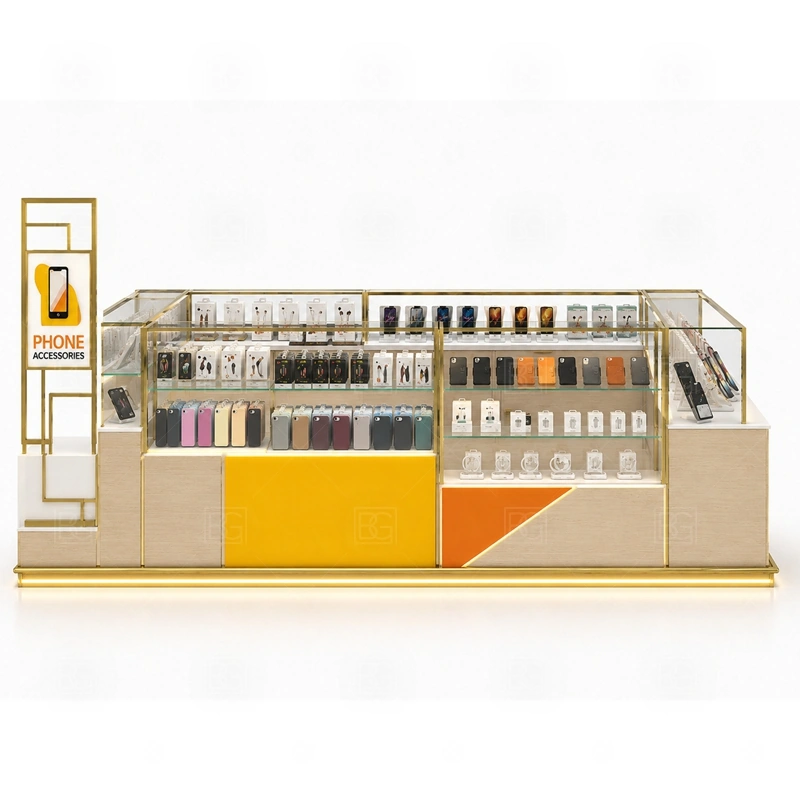 Custom Mobile Phone Kiosk and Accessories Display signage detail with clean category signs and logo panels that keep shopper attention on the accessory wall shown in the custom mobile phone kiosk and accessories display product photos; this page also uses tall logo tower and LED brand lighting