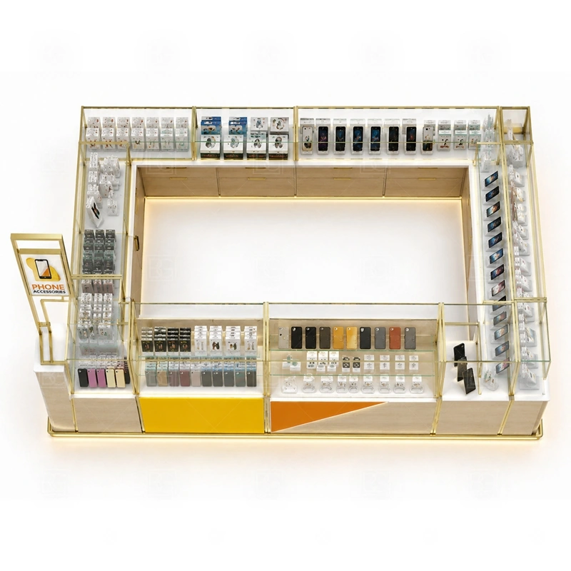 Custom Mobile Phone Kiosk and Accessories Display storage detail for divided lower cabinets for high-turnover cases, cables, protectors, and spare display stock shown in the custom mobile phone kiosk and accessories display product photos, with a stronger first impression at browsing distance plus practical checkout close to the display