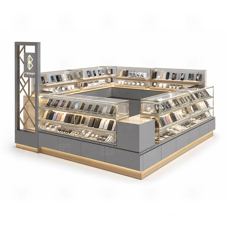Custom Phone Accessories Kiosk with Lockable Storage with a made-to-measure phone kiosk with custom counters, display zones, and brand-ready finishing shown in the custom phone accessories kiosk with lockable storage product photos for mobile accessory retail and small electronics display