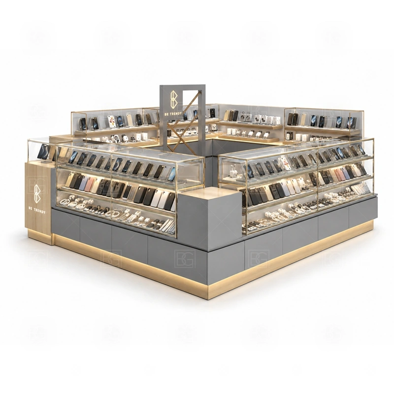 Custom Phone Accessories Kiosk with Lockable Storage showing a flexible footprint that can be resized around the lease drawing, staff workflow, and product mix shown in the custom phone accessories kiosk with lockable storage product photos, with front-facing customer movement with staff work kept behind the display line