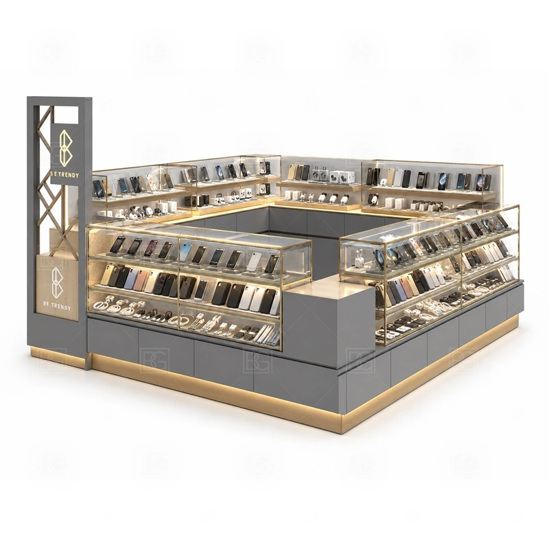 Custom Phone Accessories Kiosk with Lockable Storage display detail for custom glass showcases, wall panels, open shelving, and counter displays arranged by sales priority shown in the custom phone accessories kiosk with lockable storage product photos; the product photos also emphasize phone accessory displays, glass counters, and small product shelving