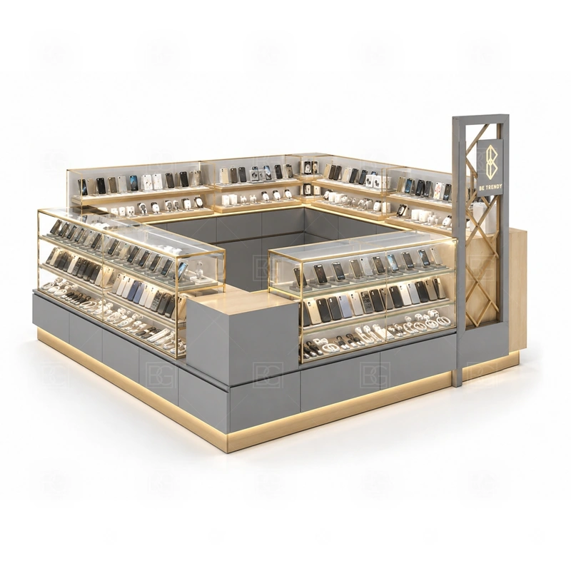 Custom Phone Accessories Kiosk with Lockable Storage service area for sales, checkout, repair consultation, pickup, and packing zones arranged around the buyer operation shown in the custom phone accessories kiosk with lockable storage product photos; the kiosk can follow cashier counter, POS area, customer service opening, and storage planning