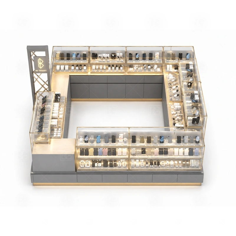 Custom Phone Accessories Kiosk with Lockable Storage storage detail for lockable lower cabinets, divided drawers, and staff-only stock access for safer daily operation shown in the custom phone accessories kiosk with lockable storage product photos, with separate zones for browsing, payment, stock refill, and product consultation